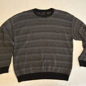 Bachrach Knit Sweater XL Crewneck Black Gray Geometric Textured Grid Vintage 90s